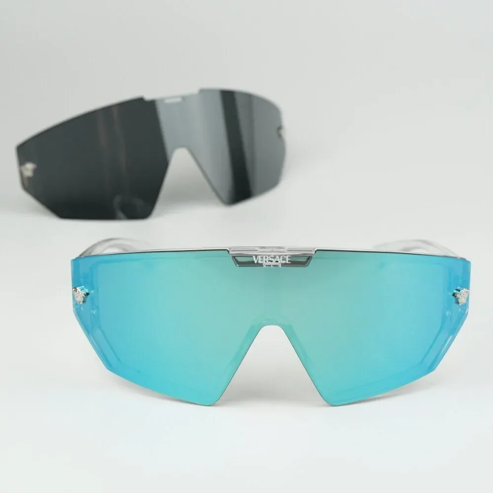 NEW Versace VE4461 148/6V Crystal Grey Mirror Blue Detachable Lens Sunglasses